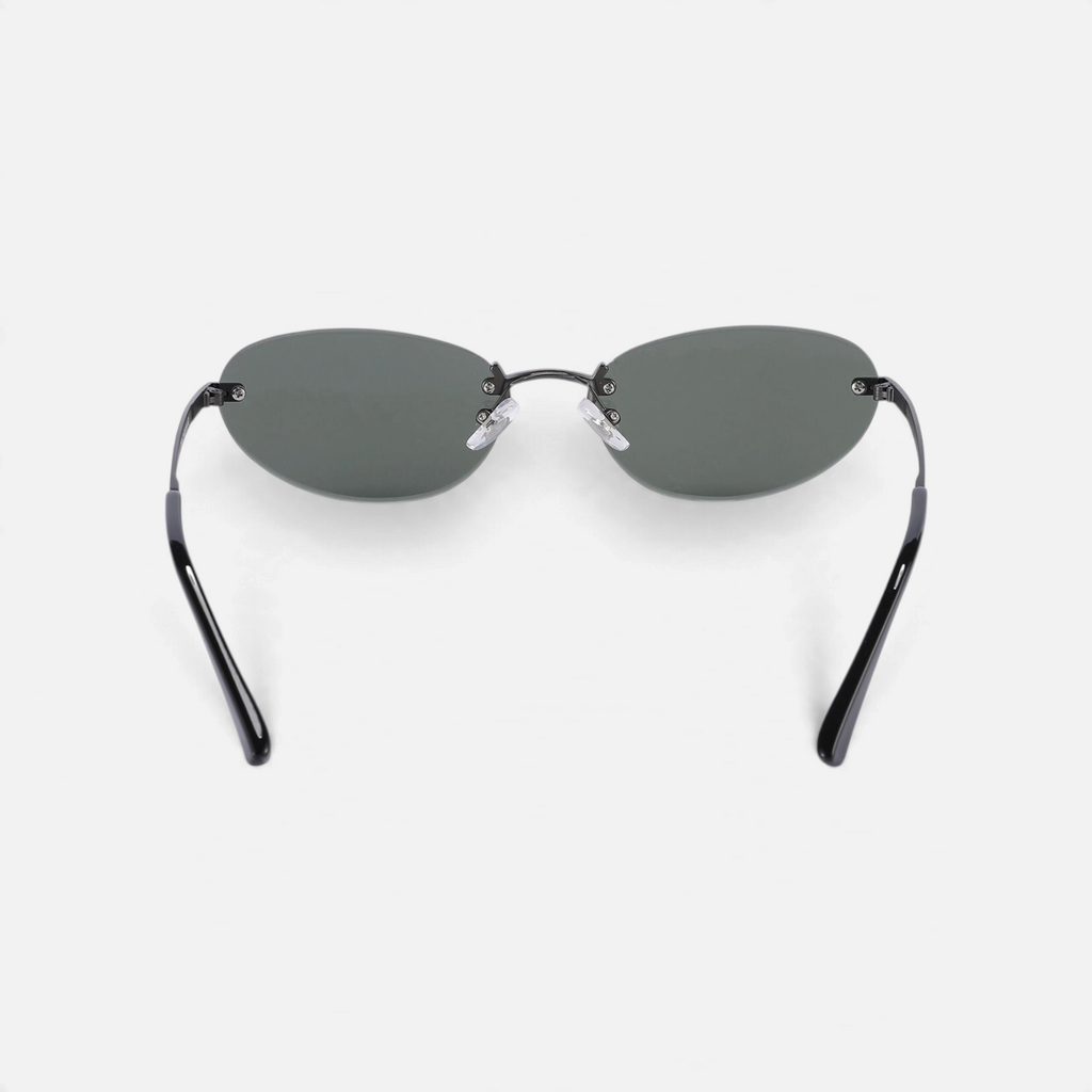 Miraje oval rimless sunglasses with gunmetal frames and dark tinted lenses, viewed from the back.