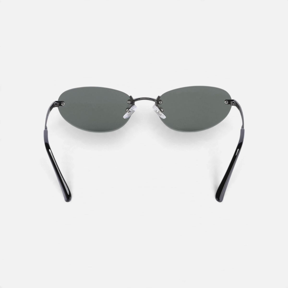 Miraje oval rimless sunglasses with gunmetal frames and dark tinted lenses, viewed from the back.