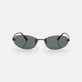 Miraje oval rimless sunglasses with gunmetal metal frames and dark tinted lenses on a white background.