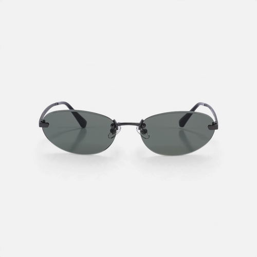 Miraje oval rimless sunglasses with gunmetal metal frames and dark tinted lenses on a white background.