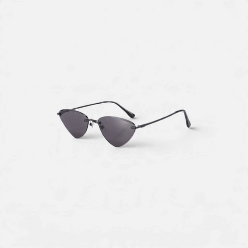 Miraje rimless cat-eye sunglasses with black metal frames and smoke-tinted lenses on a white background.