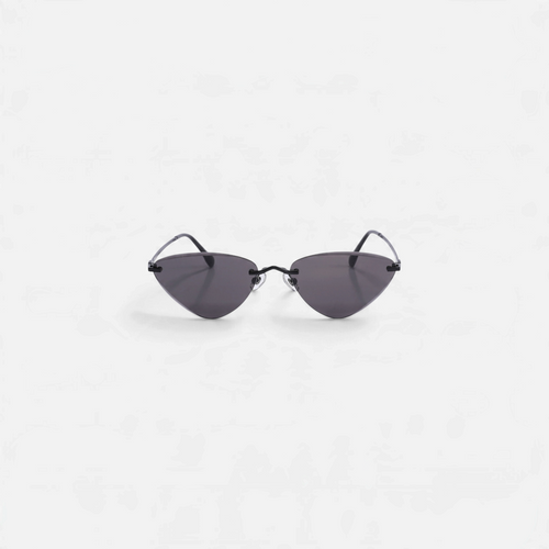 Miraje rimless cat eye sunglasses with a black metal frame and smoke-tinted lenses on a white background.