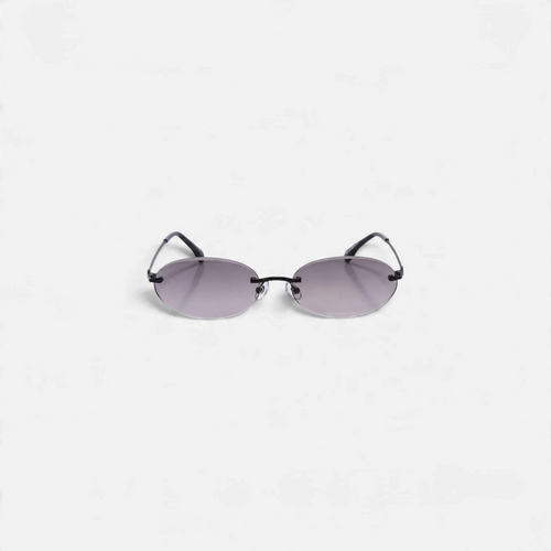 Miraje rimless oval sunglasses with black metal frames and grey gradient lenses on a white background